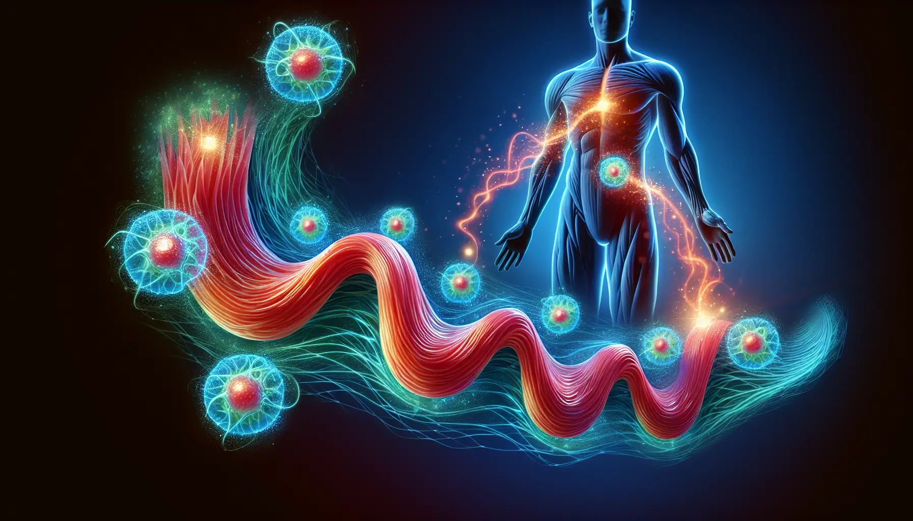 Digital artwork showing a glowing human figure connected to swirling muscle fibers and cells, symbolizing peptide influence on muscle growth, energy, and cellular health.