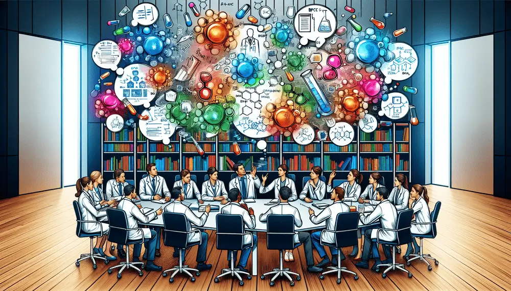 A conceptual illustration of future research directions in the field of BPC 157, depicting researchers brainstorming.