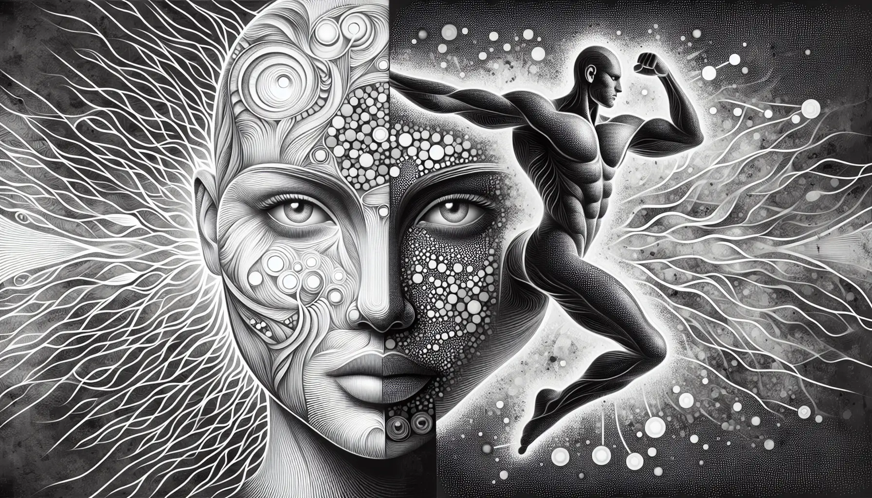 Black and white surreal illustration showing a split face with abstract patterns on one side and a muscular human figure flexing on the other, symbolizing the dual impact of peptides on beauty and strength.