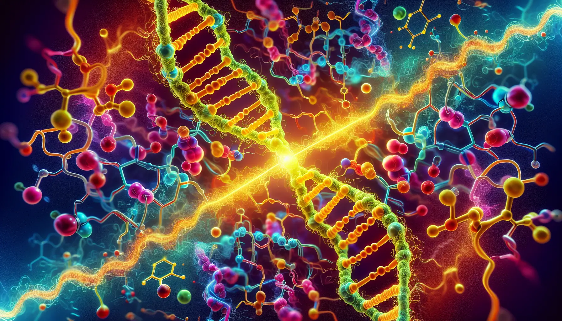 Colorful 3D illustration of DNA strands intertwined with various molecular structures and amino acids, symbolizing peptides and their crucial roles in biological processes like signaling, hormone regulation, muscle growth, and tissue repair.
