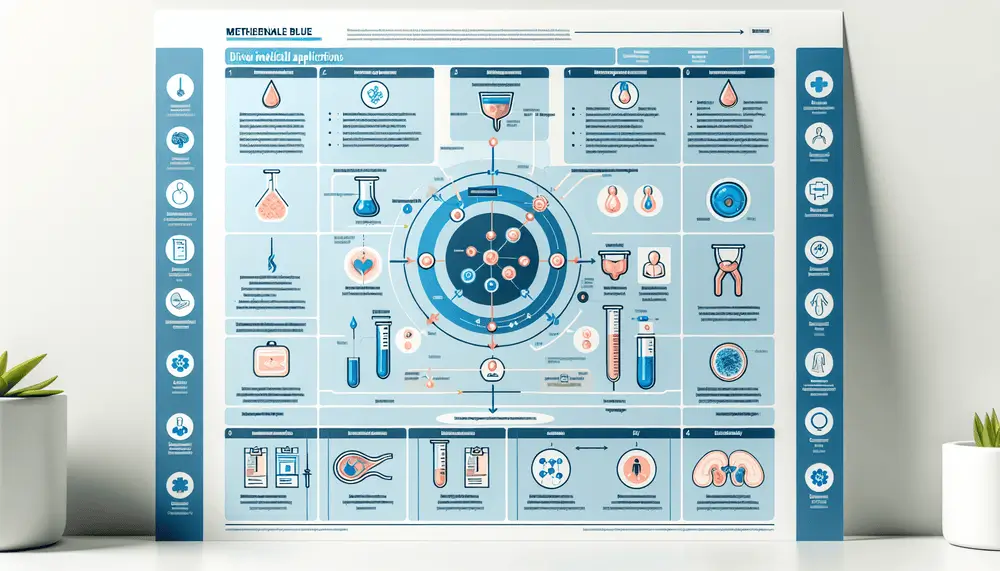 Diagram illustrating medical applications of methylene blue.