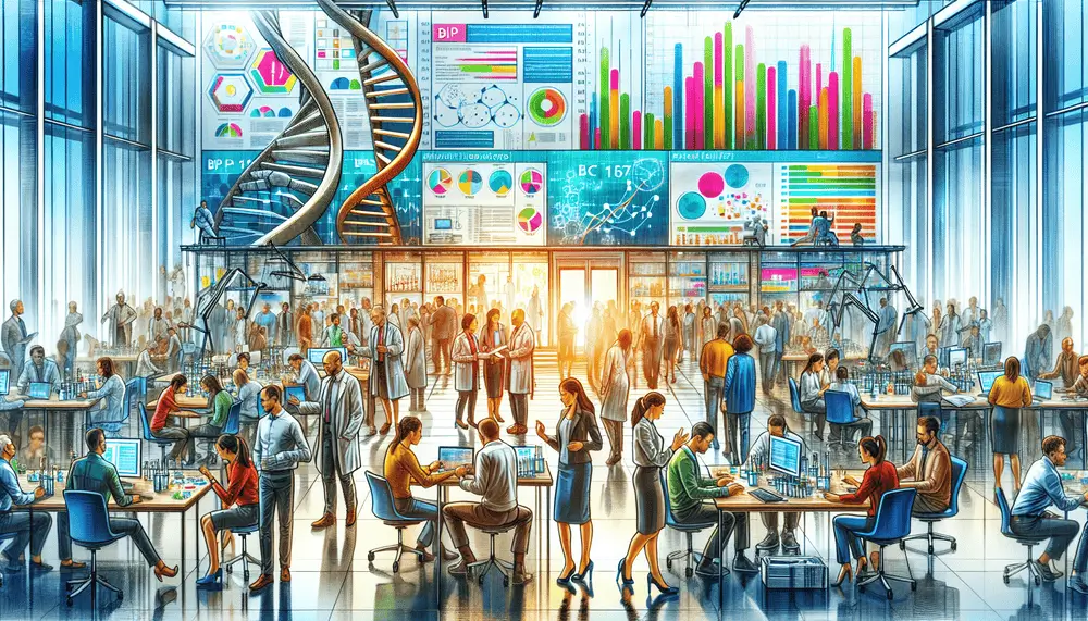 An artistic representation of clinical trials related to BPC 157, showcasing researchers and participants.