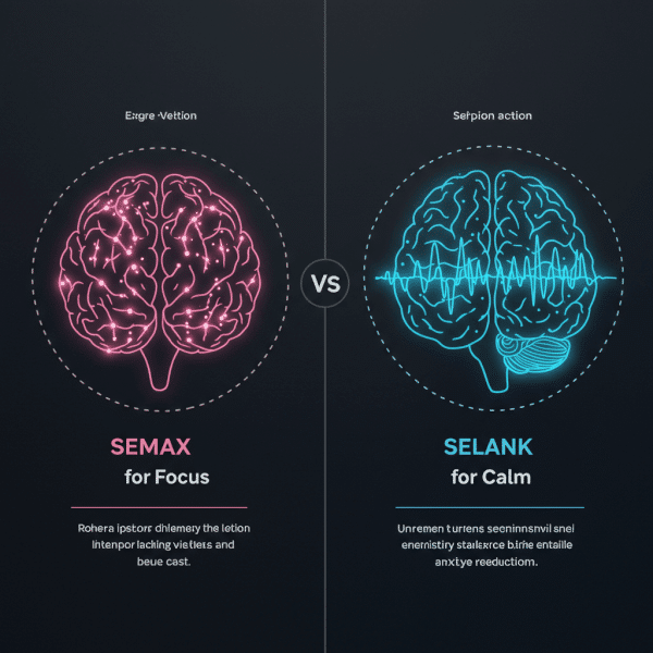 Split-screen graphic comparing Semax for focus, with an image of a brain with bright neural pathways, versus Selank for calm, with an image of a brain with smooth energy waves.