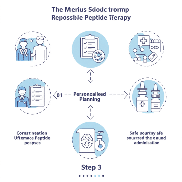 Infographic of the 3-step roadmap to safe peptide therapy: 1. Medical consultation, 2. Personalized planning, 3. Safe sourcing and administration.