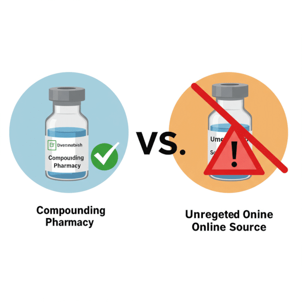 Warning graphic contrasting a safe peptide vial from a compounding pharmacy with a green checkmark, against a dangerous, unregulated vial with a red warning symbol.