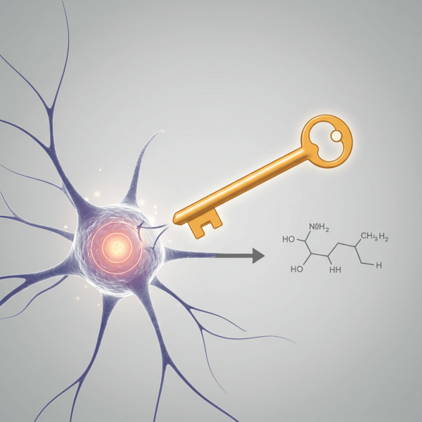 Abstract illustration of a key-shaped peptide molecule fitting into a receptor on a neuron, showing the targeted action of nootropics.